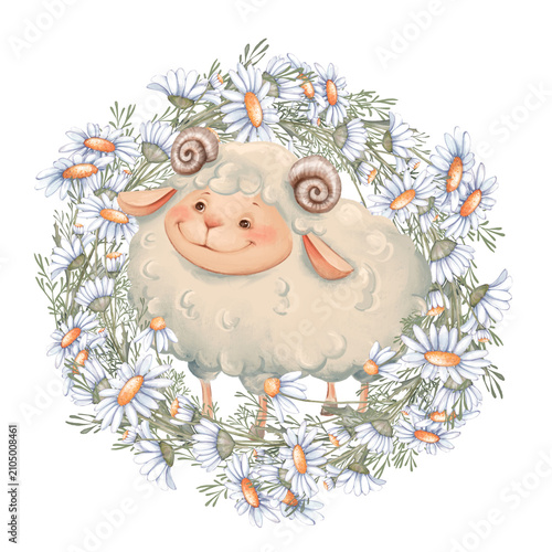 Cute sheep in daisy flower wreath illustration