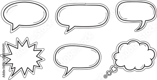 A vector collection of sketch-style speech and thought bubbles with black outlines and white fill on a transparent or white background.