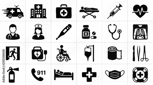 Healthcare and Emergency Medical Services Icon Set for Hospital and Clinic