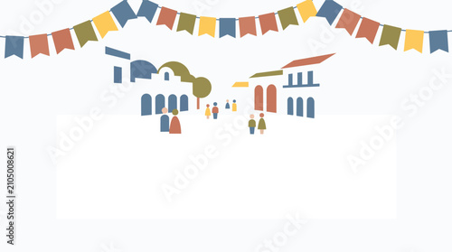 Spanish Village Fiesta with Bunting and People