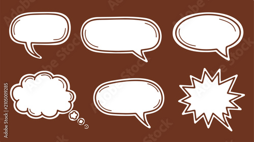 Billede på lærred a collection of white outline vector speech and thought bubbles of various shapes and sizes with a brown outline and white fill on a solid brown background