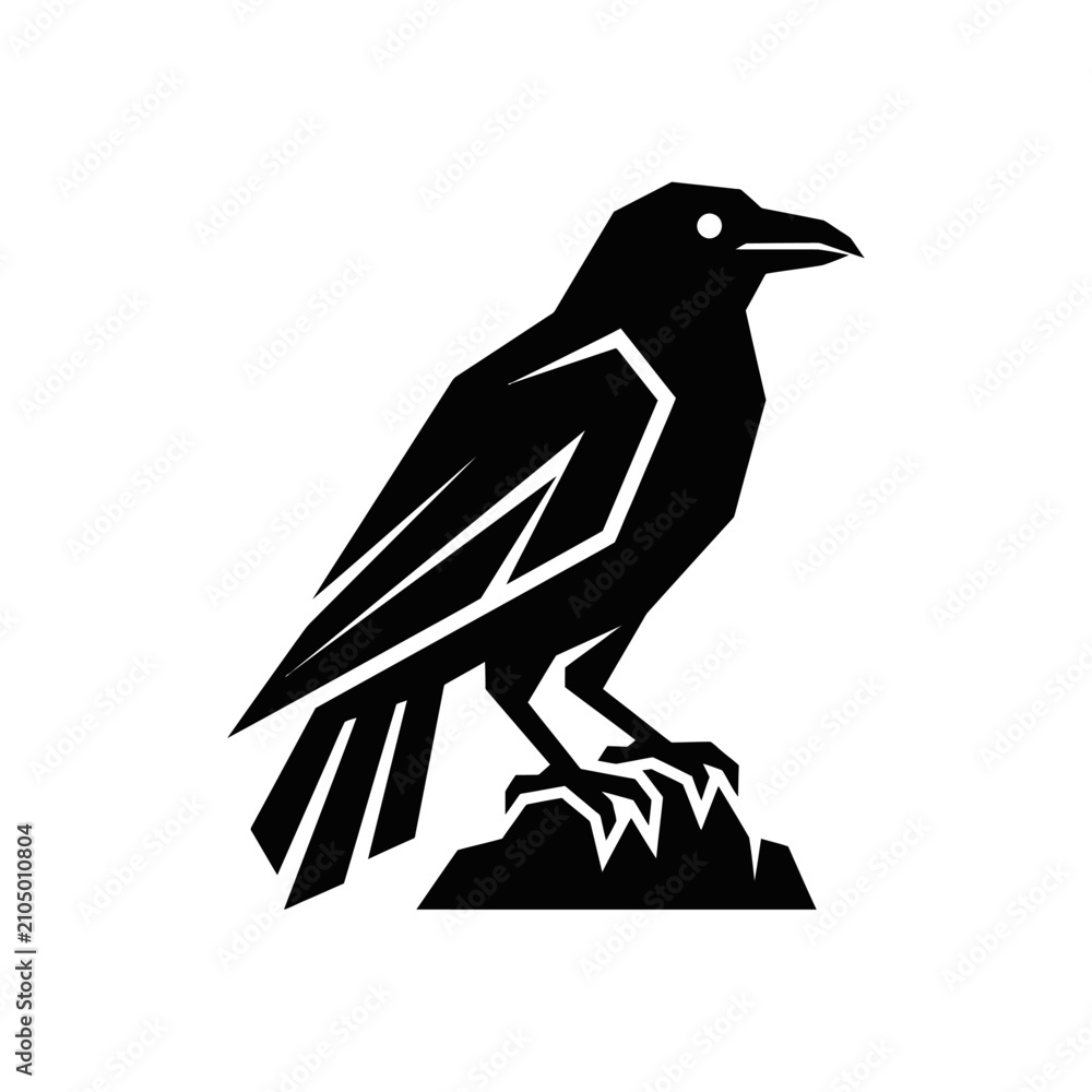 Obraz premium Minimalist geometric black raven silhouette on rock.