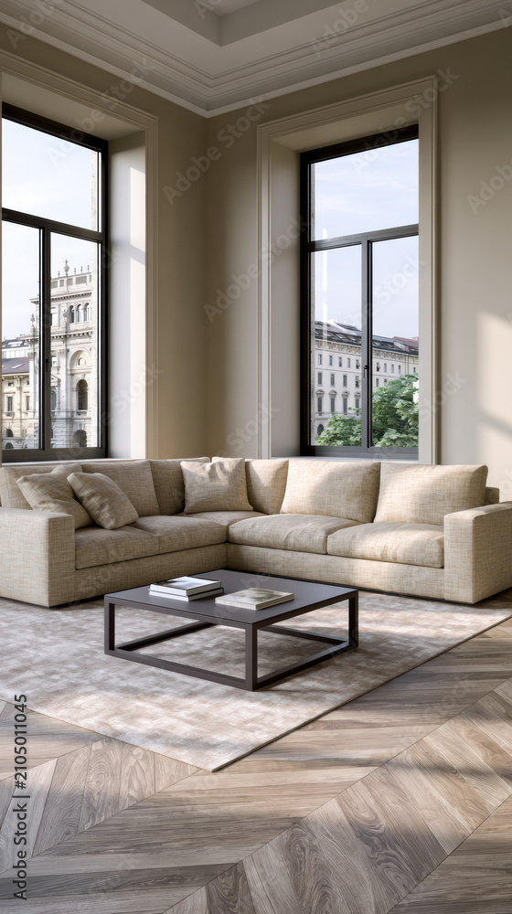 Fototapeta premium Modern minimalist sofa beige sectional large window city view living room wooden floor neutral color contemporary style