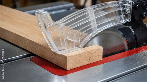 Table saw wood safety guard circular blade workshop carpentry construction power tool precision cutting lumber hardwood timber detail closeup