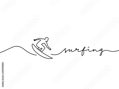 Minimal One Line Surfing Illustration with Continuous Line Art. Continuous Line Drawing of Surfer Riding Ocean Wave. Simple Surfing Line Art with Handwritten Typography.