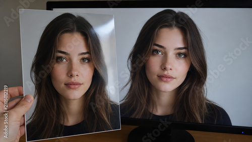 Portrait woman face photo monitor screen hand beauty brunette comparison reflection print copy digital adult female closeup indoors casual