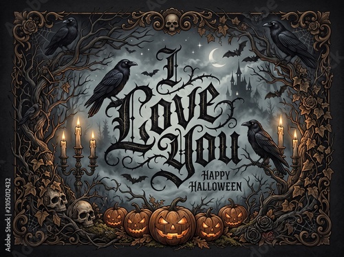 Gothic Halloween greeting card with I Love You text, spooky dark aesthetic with ravens and pumpkins, vintage horror style illustration for holiday
