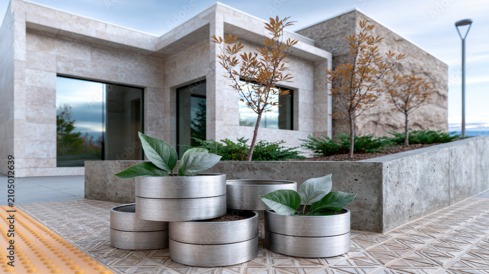 Fototapeta premium Modern house exterior with stone facade, large windows, concrete planter, small trees, and metal plant pots on patterned tile surface