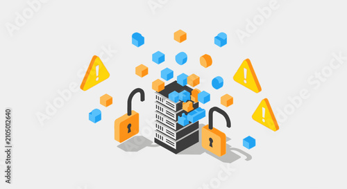 Isometric illustration of cybersecurity with locks and warning symbols.