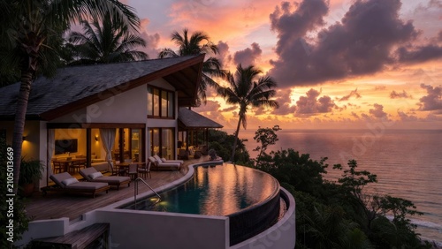 Stunning oceanfront villa bathed in sunset hues with vibrant palm trees and serene waters creating a perfect getaway