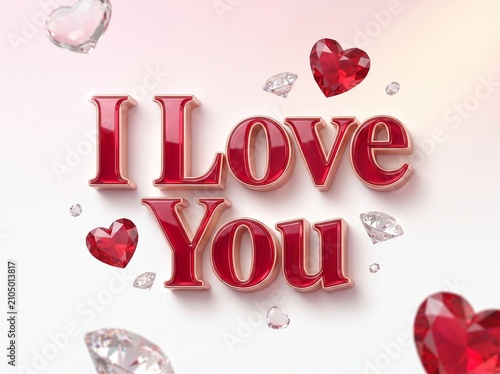Romantic I Love You text in red 3D lettering, elegant Valentine's Day greeting with ruby hearts and diamonds, luxury wedding anniversary background