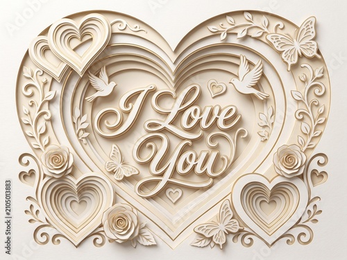 Intricate paper cut heart with I Love You text, elegant 3D layered papercraft art, romantic cream colored floral heart design for wedding and valentines