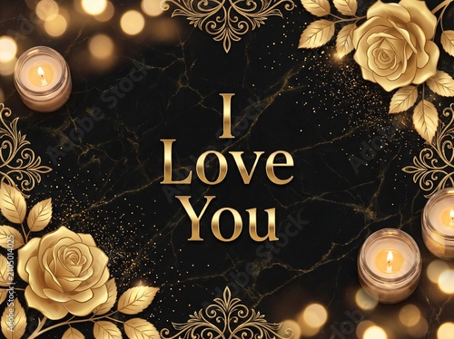 Elegant I Love You message on black marble background, golden roses and romantic candles, luxury floral greeting card with gold filigree