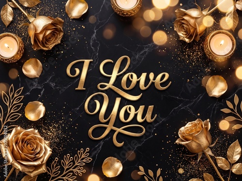 Elegant I Love You gold lettering on black marble, romantic golden roses and candles background, luxury Valentine's Day greeting card design