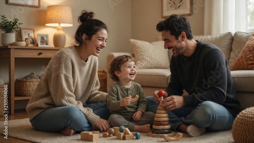 Joyful family playtime parents engaging with their toddler using colorful wooden toys in a cozy living room setting