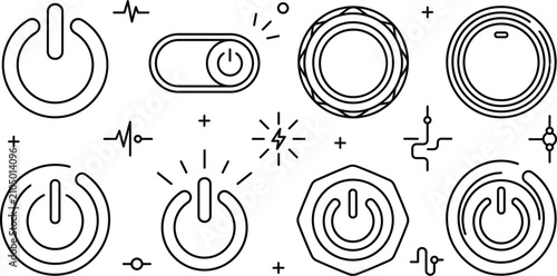 Obraz na płótnie Power button switch turn off on vector line art set for technology,