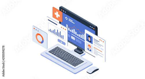 Modern laptop and desktop computer with analytics dashboard on screen.