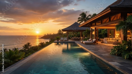 Stunning sunset over luxury villa with pool and ocean view surrounded by lush tropical landscape