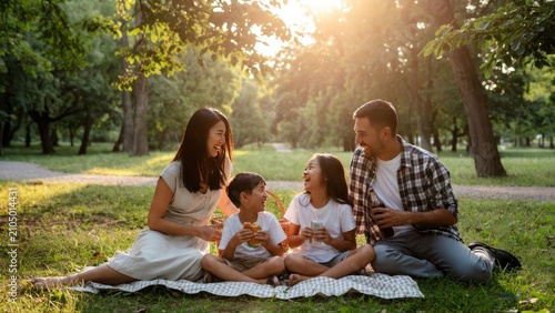 Joyful family picnic in nature a happy family enjoying refreshing drinks together in a sunlit park setting