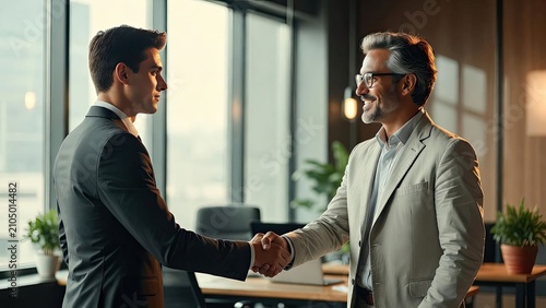 Businessmen shaking hands in modern office environment symbolizing partnership and collaboration