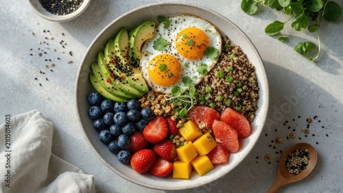 Healthy breakfast bowl with fresh fruits nuts and eggs perfect for a nutritious start to your day