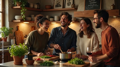 Joyful friends cooking together in a cozy kitchen sharing laughter and delicious recipes for a memorable evening