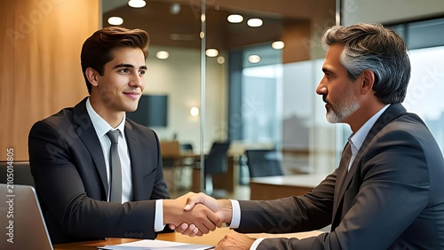 Two business professionals engaged in a successful handshake during a corporate meeting in a modern office setting