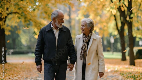 Senior couple walking hand in hand through a beautiful autumn park surrounded by colorful leaves and trees