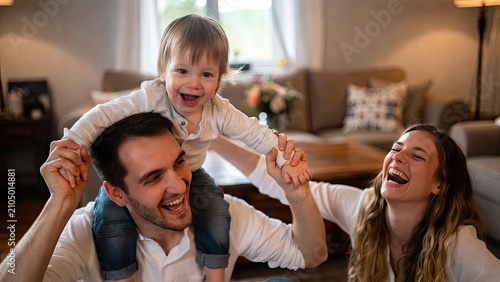 Cherished family memories a delighted child enjoying playtime with parents in a warm and inviting living room atmosphere