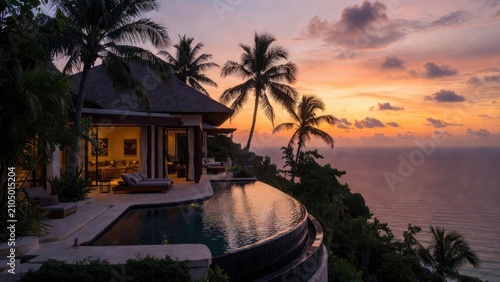 Luxury villa with infinity pool overlooking the ocean at sunset surrounded by palm trees in a tropical paradise