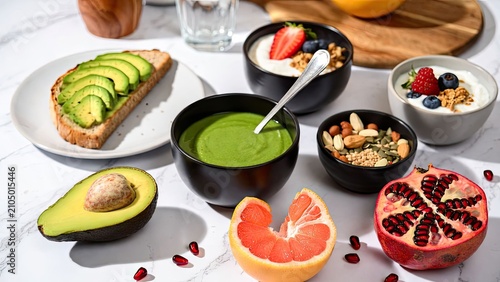 Healthy breakfast spread featuring avocado toast smoothie bowl yogurt and fresh fruits on a marble table
