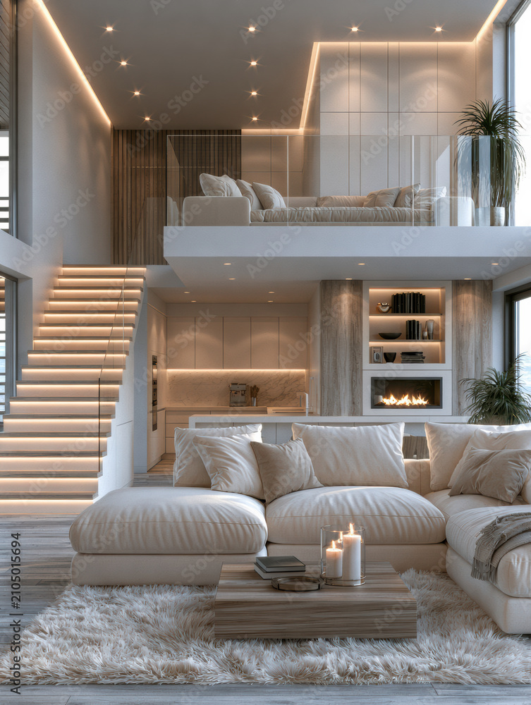 Obraz premium Modern cozy warm duplex loft flat living room beige sofa candle rug fireplace open space luxury interior