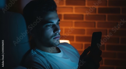 Young Man Using Smartphone at Night in Dark Room with Blue Screen Light Reflection on Face