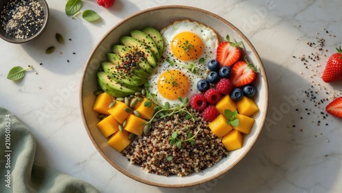 Colorful and nutritious breakfast bowl with eggs fresh fruits and quinoa on a marble surface