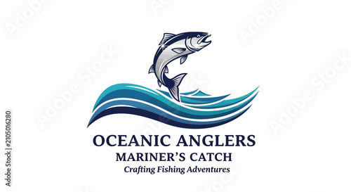 Fotografie Oceanic Anglers Mariner's Catch Logo with Fish and Waves.