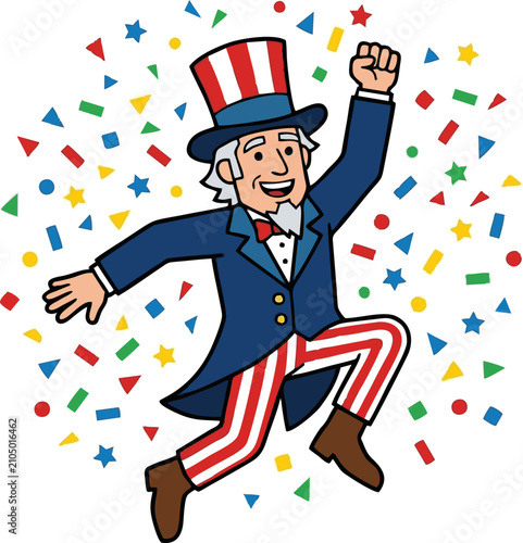 Bild auf Leinwand Cheerful Uncle Sam Cartoon Jumping with Festive Confetti for Usa Holiday