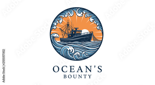 Bild auf Leinwand Vintage nautical logo design with ship and ocean waves.