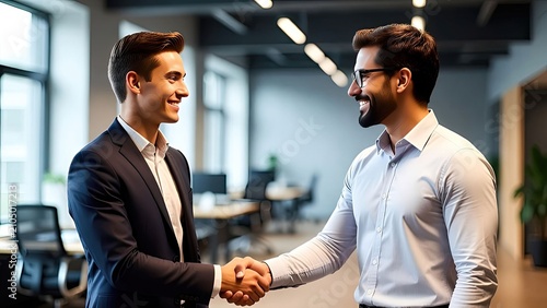 Two business professionals engaged in a firm handshake in a modern office environment signifying collaboration and partnership