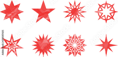 A Collection Of Eight Unique Red Geometric Star Shapes With Textured Effects