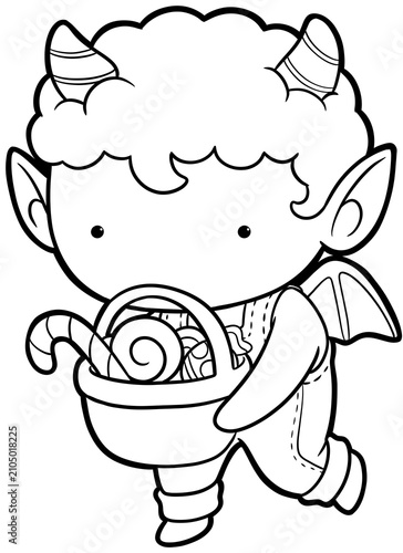 Adorable little devil boy carrying candy basket coloring page, halloween outline