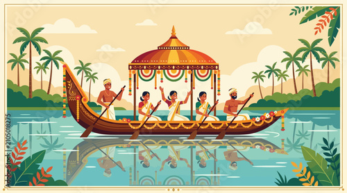 Traditional Kerala Boat Race Scene: Oarsmen and Women on a Festive Snake Boat