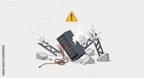 Obraz na plátne Broken computer surrounded by rocks and branches with warning sign