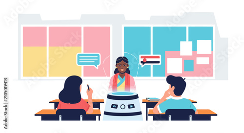 Students engage with a teacher and a robot in a modern classroom setting.