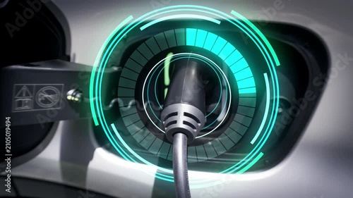 Electric car with dashboard hud display screen power charging. Shows the increasing charge level of the electric vehicle battery. Clean energy technology, Environmental conservation.