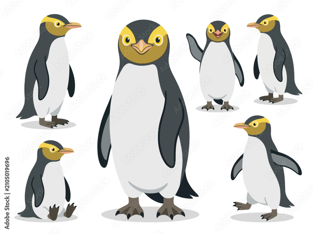 Fototapeta premium A collection of cute cartoon yellow-eyed penguins in various poses and actions.