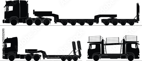 Cuadro en lienzo Heavy Haul Truck Silhouette Set with Lowboy Trailer and Car Carrier Transport