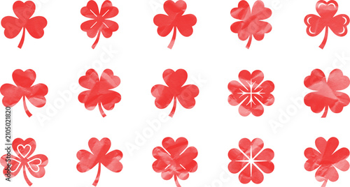 A collection of fifteen unique red clover leaf symbols on white background