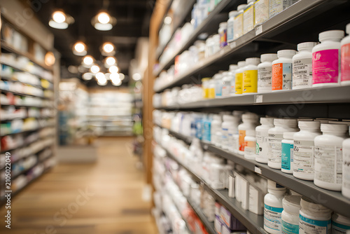 Organized Aisle in Pharmacy with Rows of Shelves Filled with Colorful Bottles and Containers of Various Products
