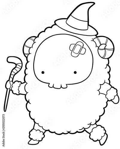 Cute skeleton sheep wearing witch hat coloring page, halloween outline art