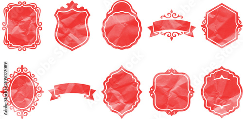 A collection of ten decorative red paper labels with various unique frames